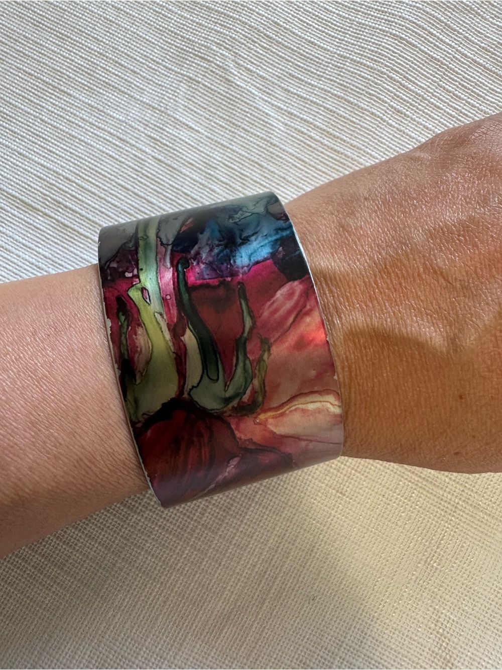 Tattooed Steel Wide Multicolor Resin Cuff Bracelet - Pink & Green